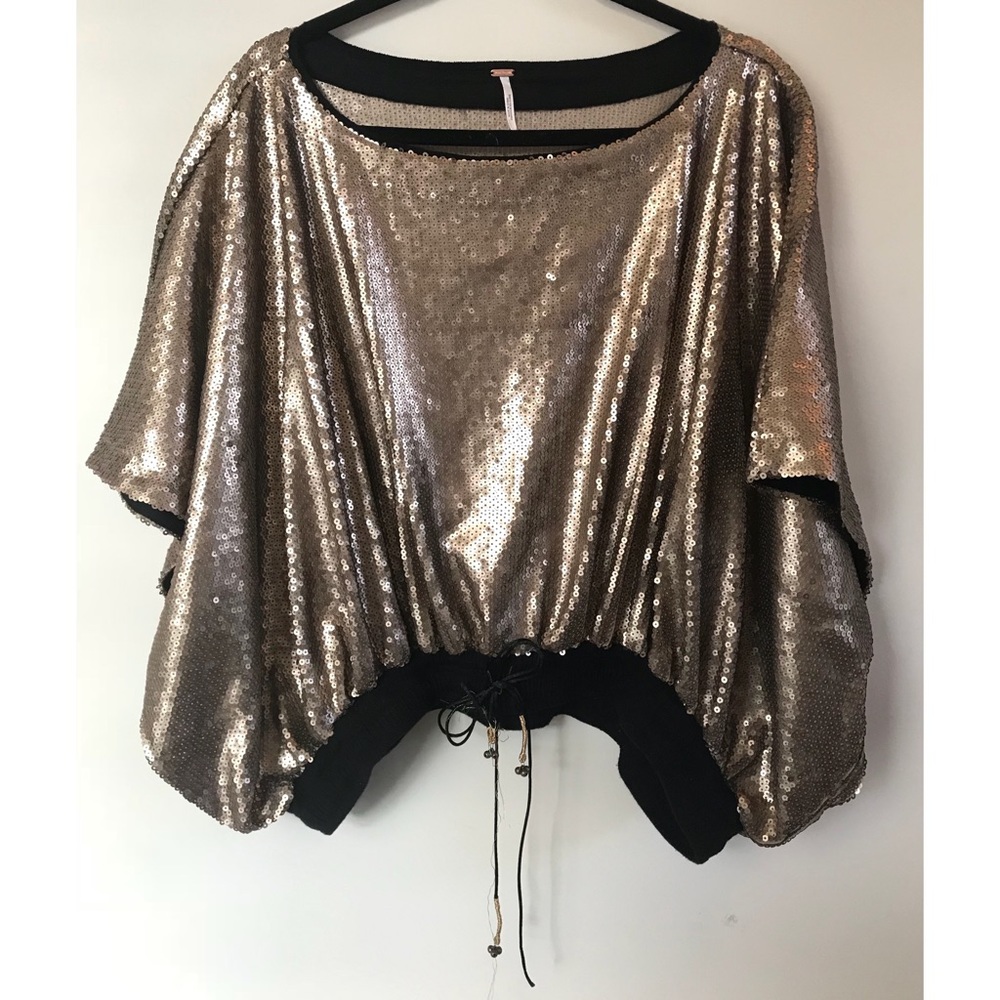 FP Gold Sequin Blouse with Drawstring Waist